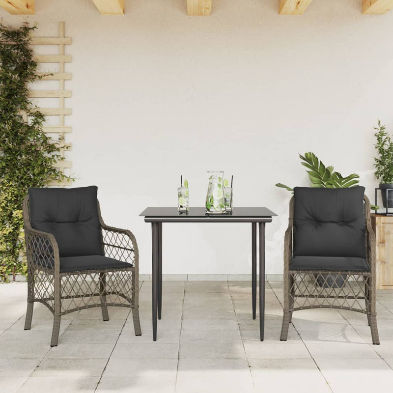 3 Piece Bistro Set with Cushions Grey Poly Rattan Payday Deals