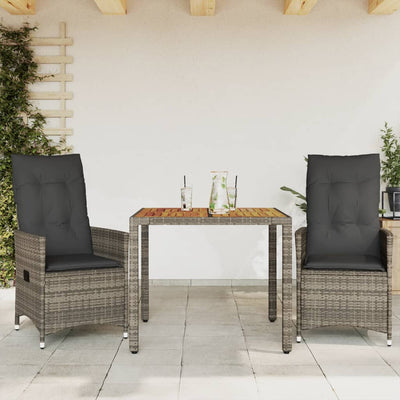 3 Piece Bistro Set with Cushions Grey Poly Rattan