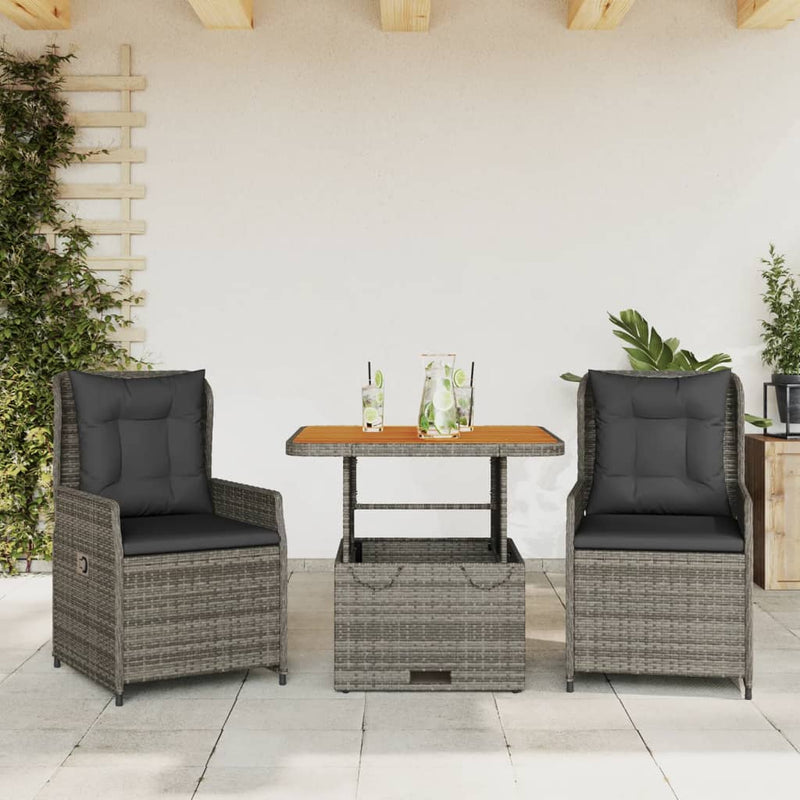 3 Piece Bistro Set with Cushions Grey Poly Rattan Payday Deals