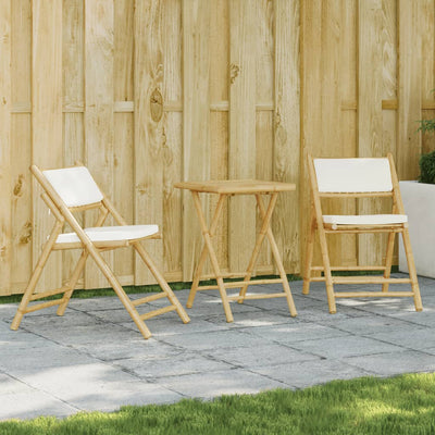 3 Piece Folding Bistro set with Cream White Cushions Bamboo