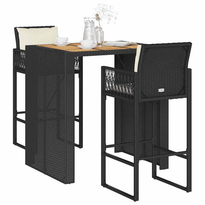 3 Piece Garden Bar Set with Cushions Black Poly Rattan Acacia