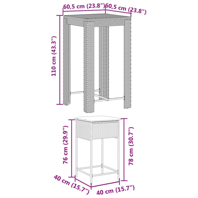 3 Piece Garden Bar Set with Cushions Grey Poly Rattan Payday Deals