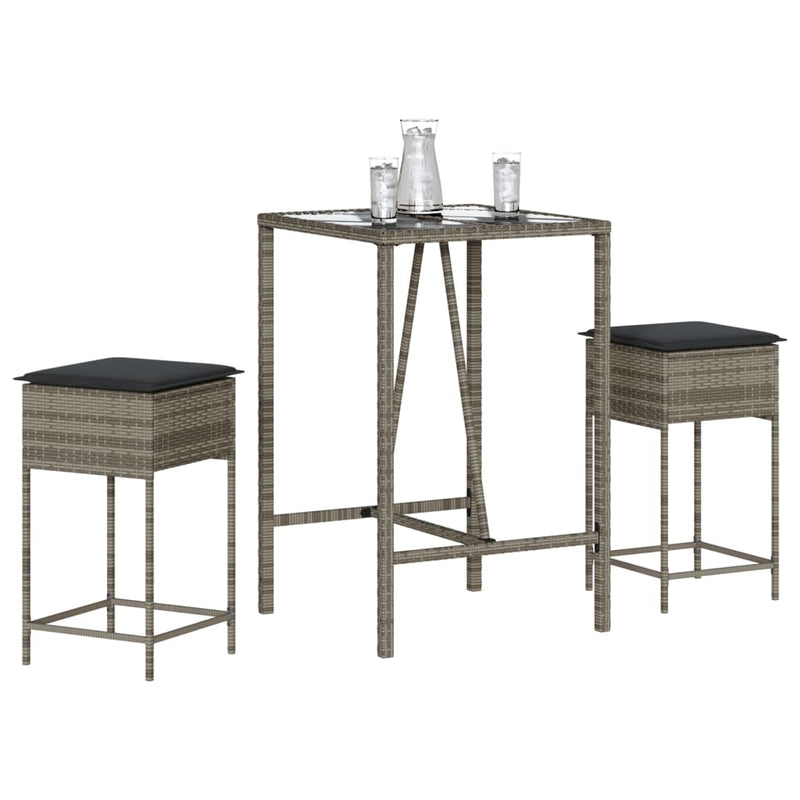 3 Piece Garden Bar Set with Cushions Grey Poly Rattan Payday Deals