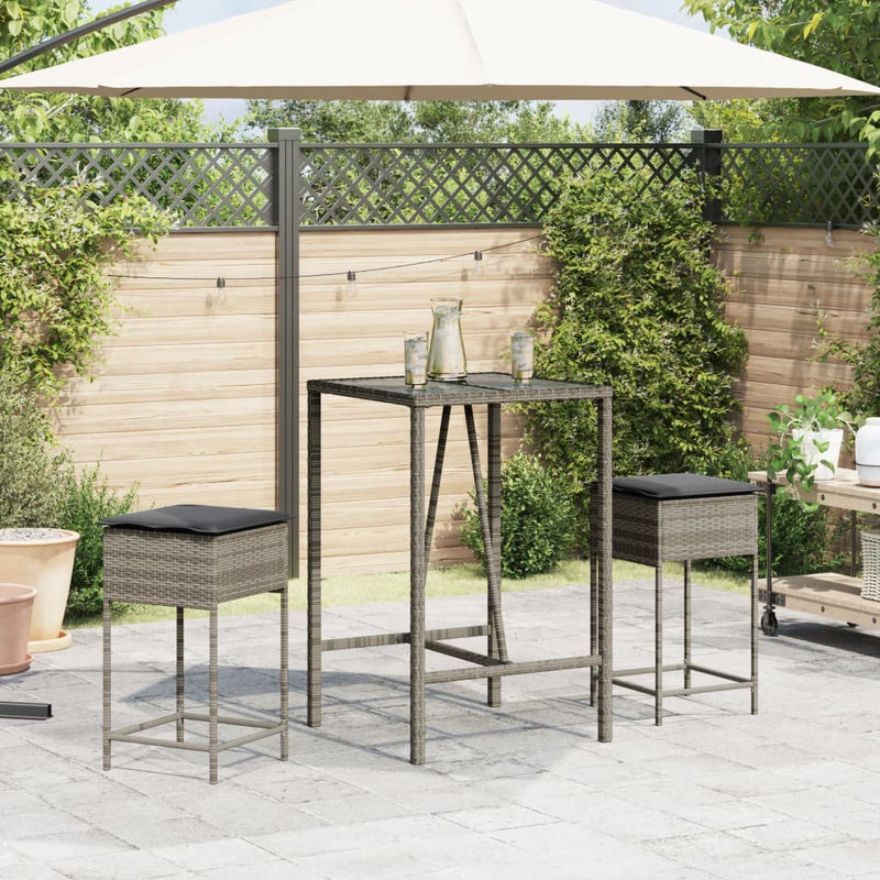 3 Piece Garden Bar Set with Cushions Grey Poly Rattan Payday Deals