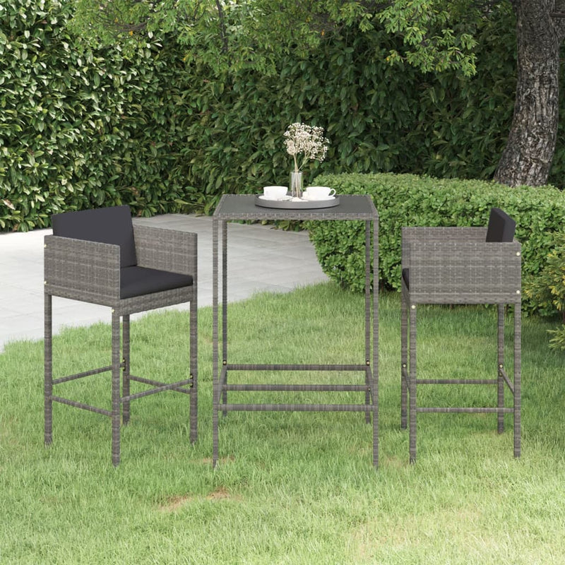 3 Piece Garden Bar Set with Cushions Poly Rattan Grey Payday Deals