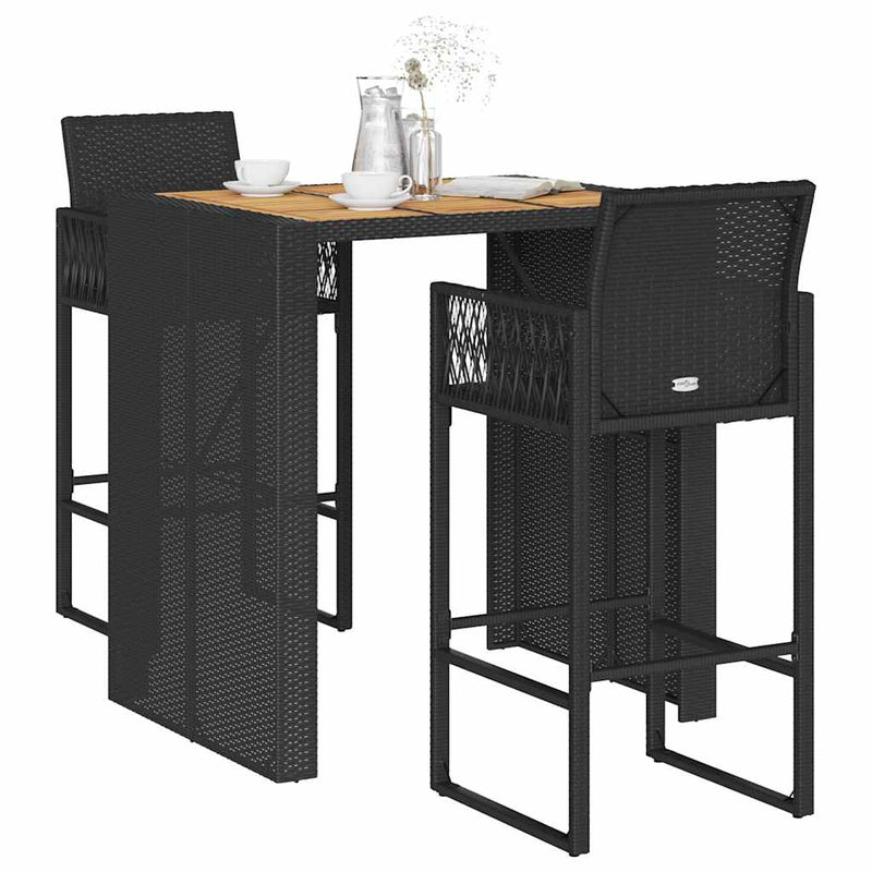 3 Piece Garden Bar Set without Cushions Black Poly Rattan Acacia Payday Deals