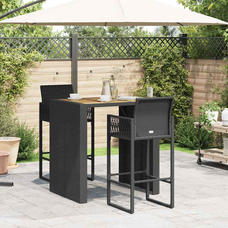 3 Piece Garden Bar Set without Cushions Black Poly Rattan Acacia Payday Deals