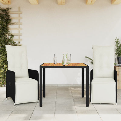 3 Piece Garden Bistro Set with Cushions Black Poly Rattan