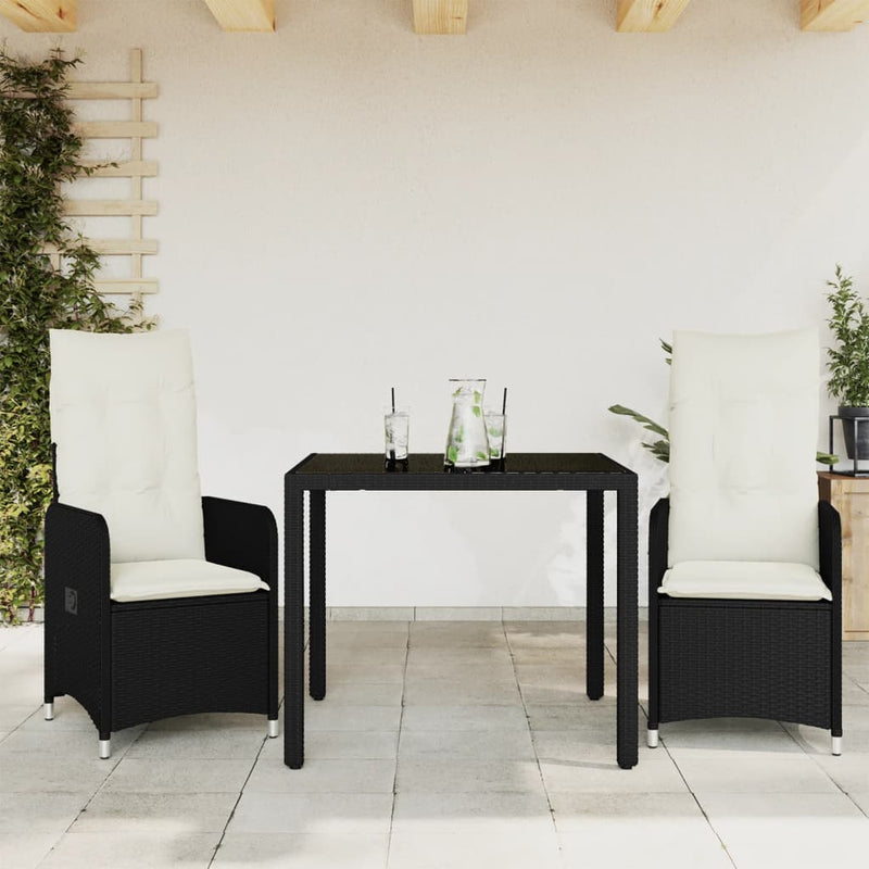 3 Piece Garden Bistro Set with Cushions Black Poly Rattan Payday Deals