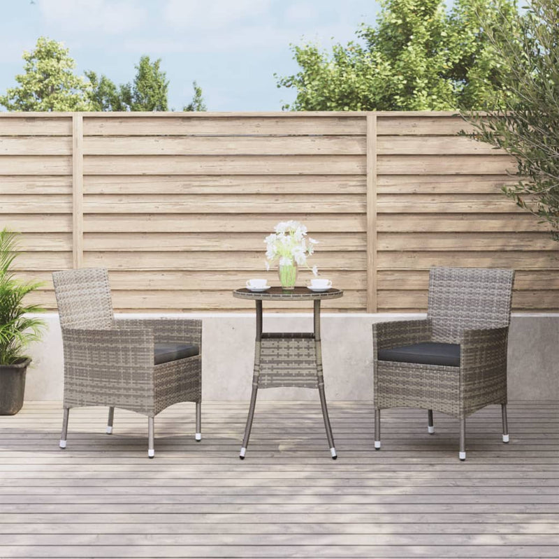 3 Piece Garden Bistro Set with Cushions Grey Poly Rattan Payday Deals