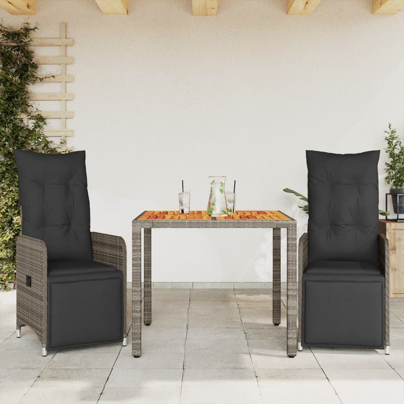 3 Piece Garden Bistro Set with Cushions Grey Poly Rattan Payday Deals