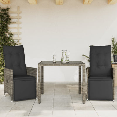 3 Piece Garden Bistro Set with Cushions Grey Poly Rattan