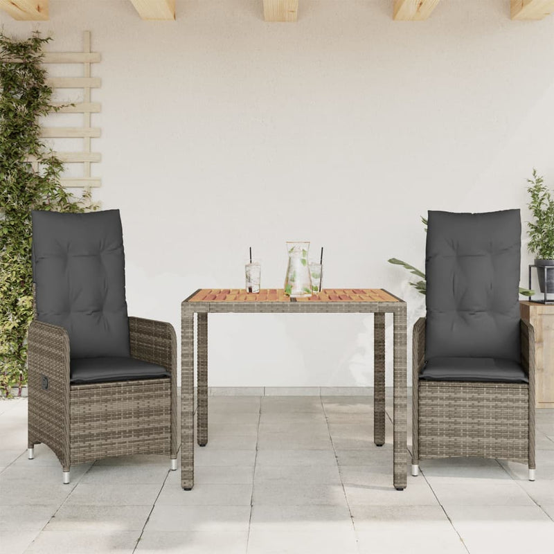 3 Piece Garden Bistro Set with Cushions Grey Poly Rattan Payday Deals