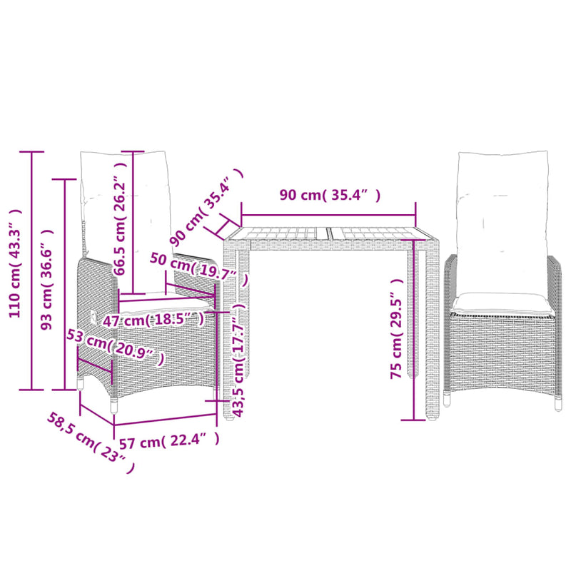 3 Piece Garden Bistro Set with Cushions Grey Poly Rattan Payday Deals