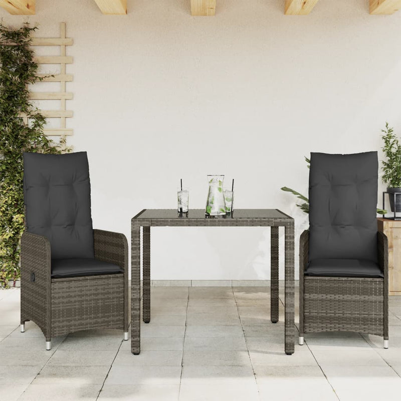 3 Piece Garden Bistro Set with Cushions Grey Poly Rattan Payday Deals