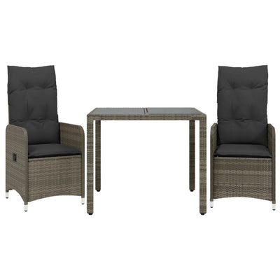 3 Piece Garden Bistro Set with Cushions Grey Poly Rattan Payday Deals