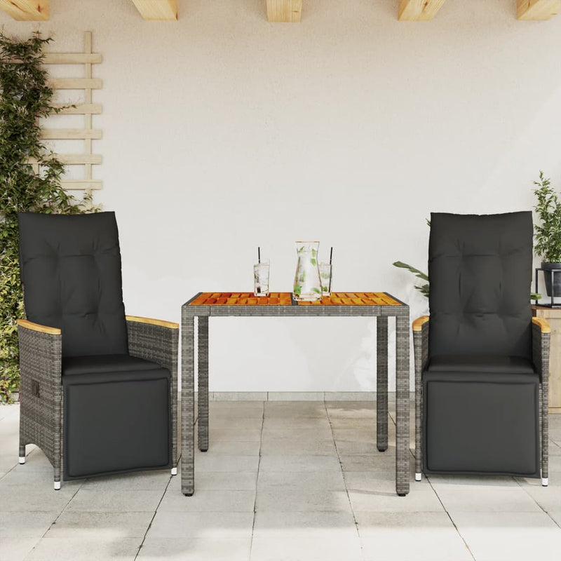 3 Piece Garden Bistro Set with Cushions Grey Poly Rattan Payday Deals