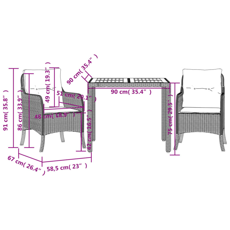 3 Piece Garden Dining Set with Cushions Black Poly Rattan Payday Deals