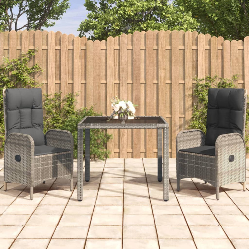 3 Piece Garden Dining Set with Cushions Grey Poly Rattan Payday Deals