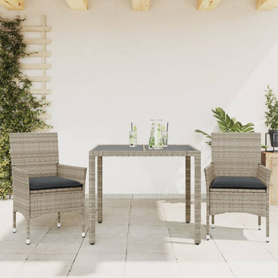 3 Piece Garden Dining Set with Cushions Light Grey Poly Rattan and Glass