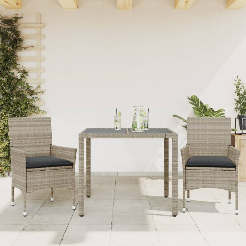 3 Piece Garden Dining Set with Cushions Light Grey Poly Rattan and Glass Payday Deals