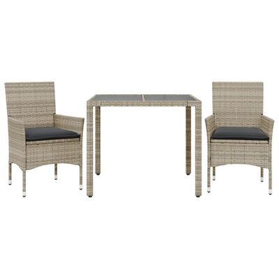 3 Piece Garden Dining Set with Cushions Light Grey Poly Rattan and Glass Payday Deals