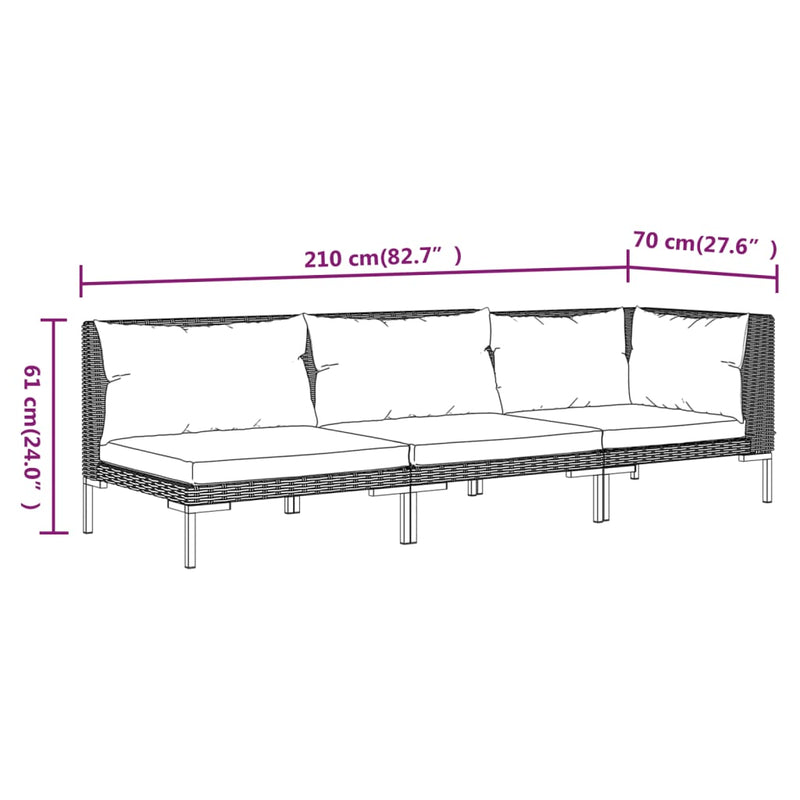 3 Piece Garden Lounge Set Dark Grey Half Round Poly Rattan Payday Deals