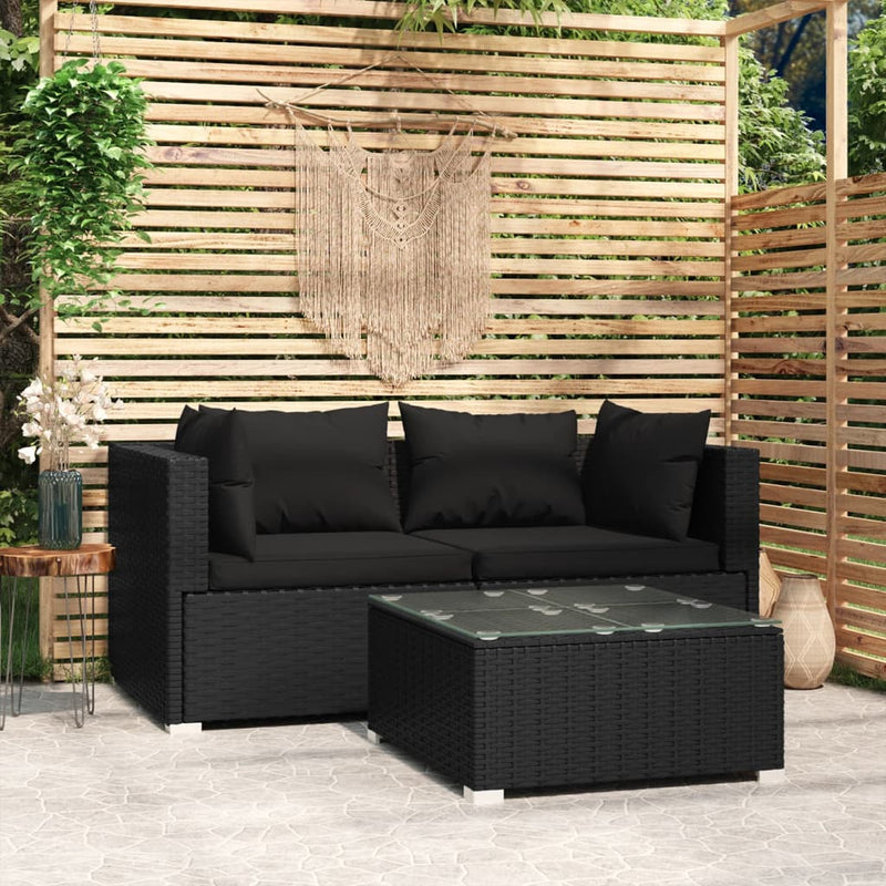 3 Piece Garden Lounge Set with Cushions Black Poly Rattan Payday Deals