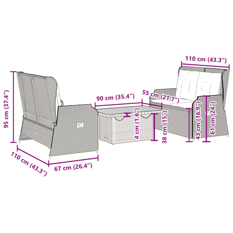 3 Piece Garden Lounge Set with Cushions Grey Poly Rattan Payday Deals