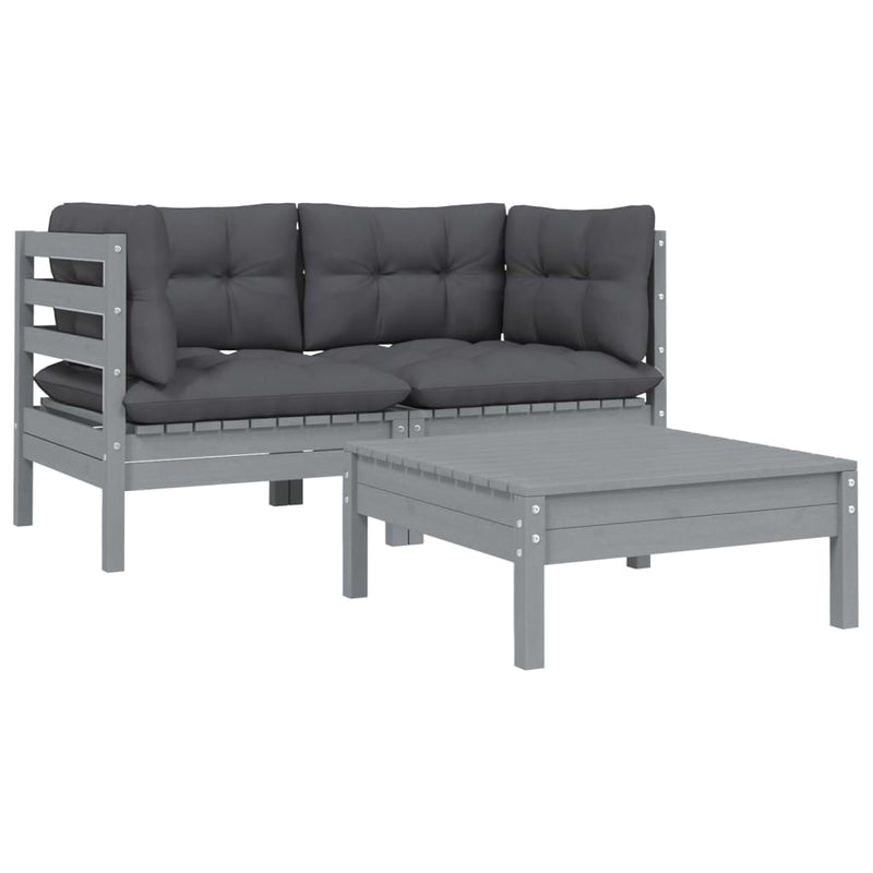 3 Piece Garden Lounge Set with Cushions Grey Solid Pinewood Payday Deals