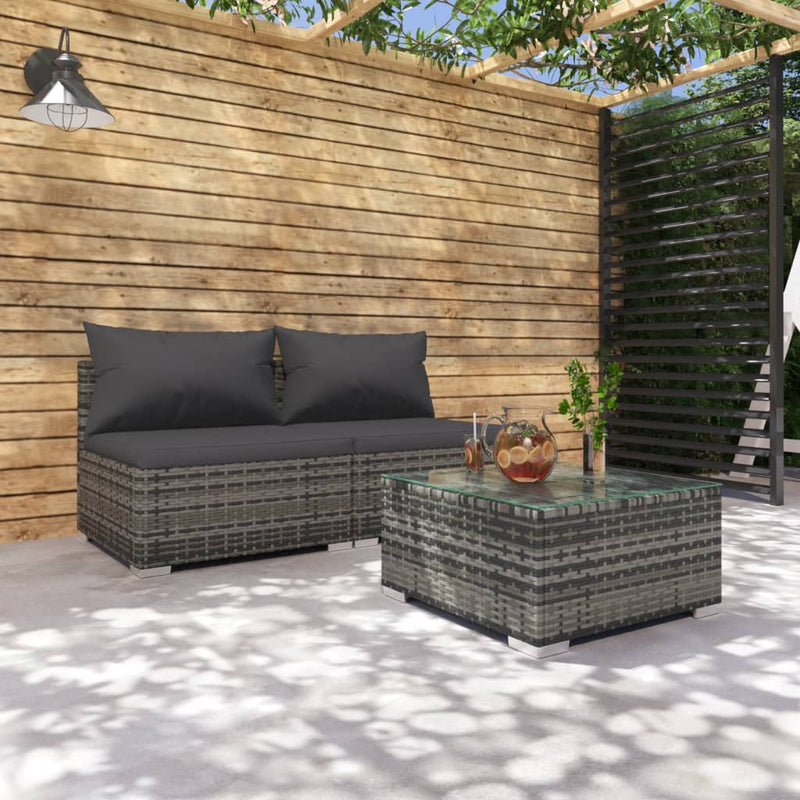 3 Piece Garden Lounge Set with Cushions Poly Rattan Grey Payday Deals
