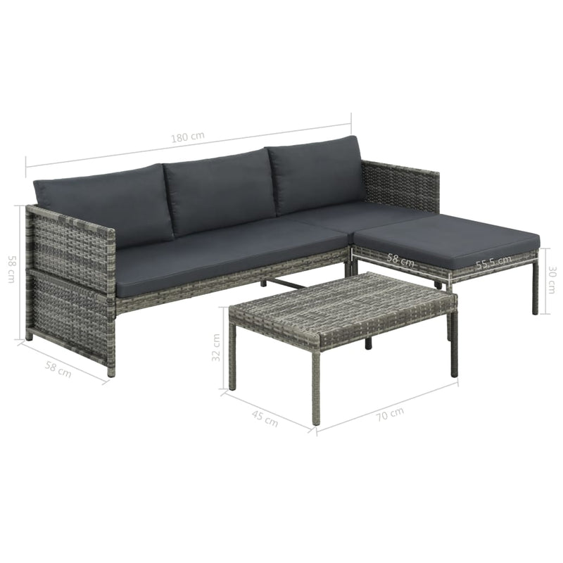 3 Piece Garden Lounge Set with Cushions Poly Rattan Grey Payday Deals
