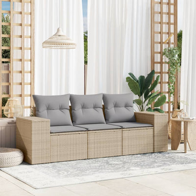 3 Piece Garden Sofa Set with Cushions Beige Poly Rattan