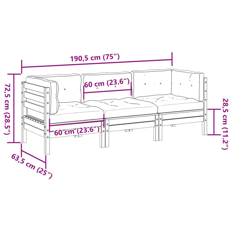 3 Piece Garden Sofa Set with Cushions Wax Brown Solid Wood Pine Payday Deals