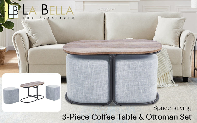 3 Piece Set Coffee Table & Ottoman Wood Side End Table Industrial - GREY Payday Deals