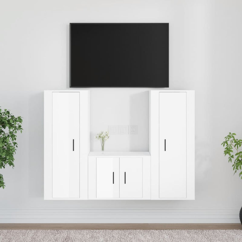 3 Piece TV Cabinet Set High Gloss White Engineered Wood Payday Deals