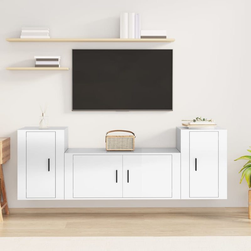 3 Piece TV Cabinet Set High Gloss White Engineered Wood Payday Deals