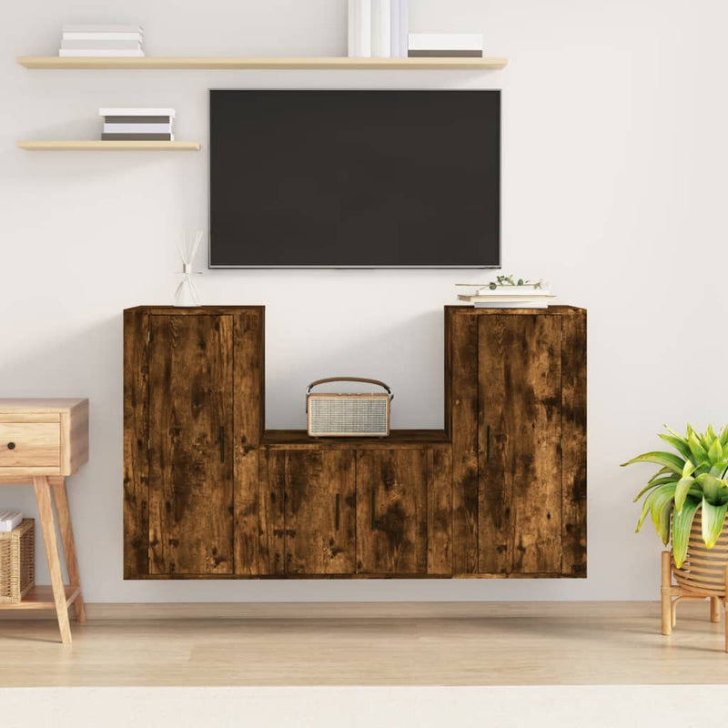 3 Piece TV Cabinet Set Smoked Oak Engineered Wood Payday Deals