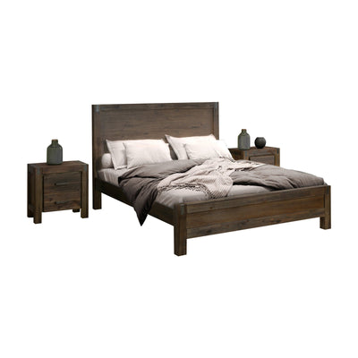 3 Pieces Bedroom Suite in Solid Wood Veneered Acacia Construction Timber Slat Double Size Chocolate Colour Bed, Bedside Table Payday Deals