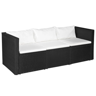 3 Seater Garden Sofa Black Poly Rattan with White Cushions Payday Deals