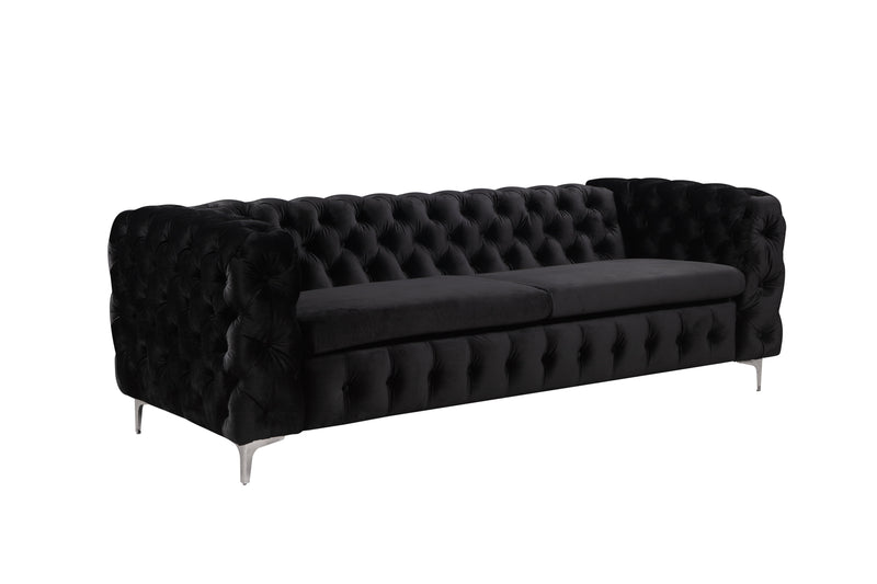 3 Seater Sofa Classic Button Tufted Lounge in Black Velvet Fabric with Metal Legs Payday Deals