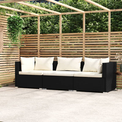 3-Seater Sofa with Cushions Black Poly Rattan Payday Deals