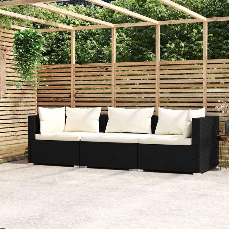 3-Seater Sofa with Cushions Black Poly Rattan Payday Deals