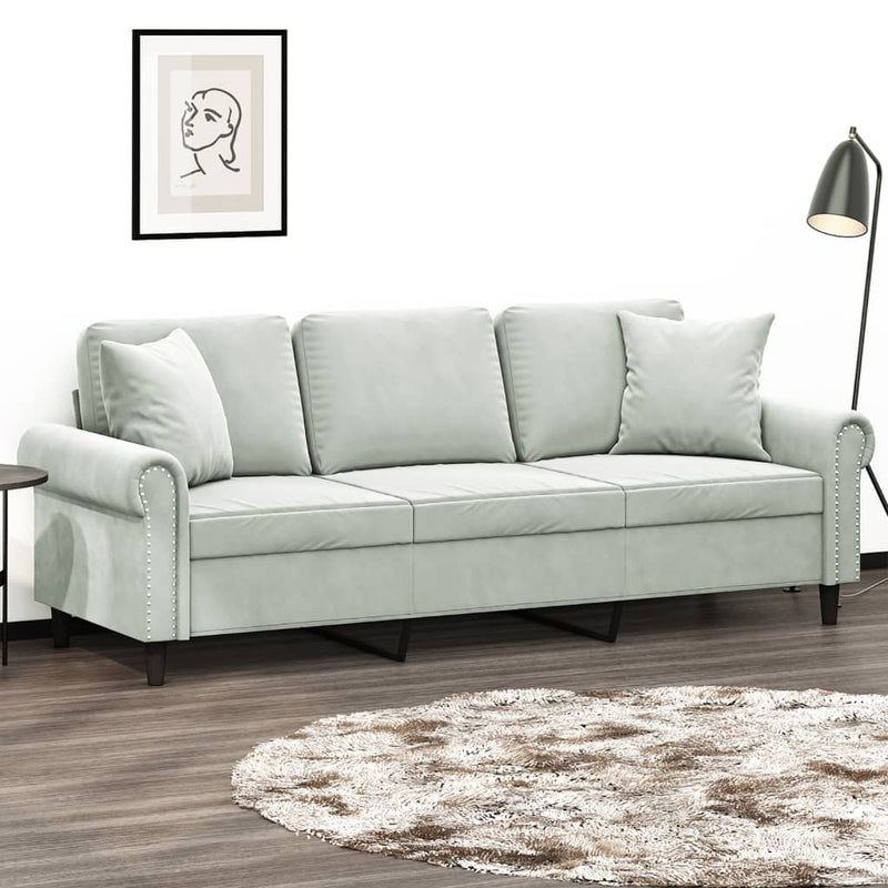 3-Seater Sofa with Throw Pillows Light Grey 180 cm Velvet Payday Deals