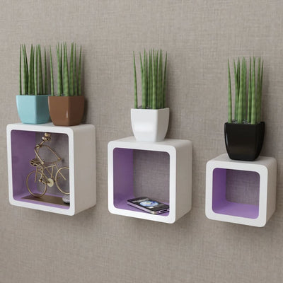 3 White-purple MDF Floating Wall Display Shelf Cubes Book/DVD Storage Payday Deals