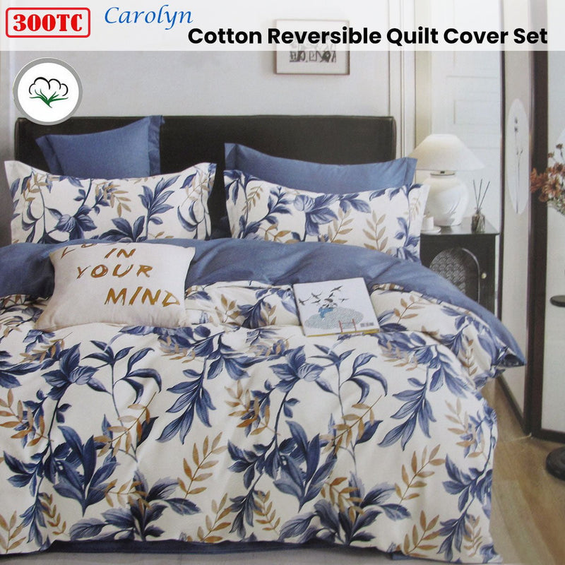 300TC Carolyn Blue Reversible Cotton Quilt Cover Set King Payday Deals