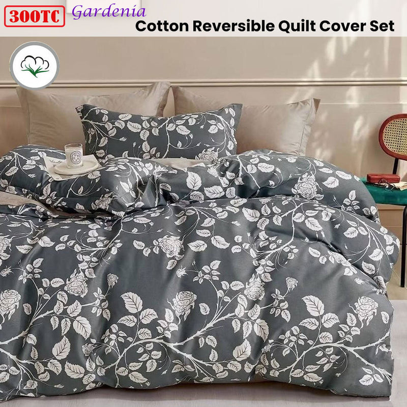 300TC Gardenia Charcoal Reversible Cotton Quilt Cover Set King Payday Deals