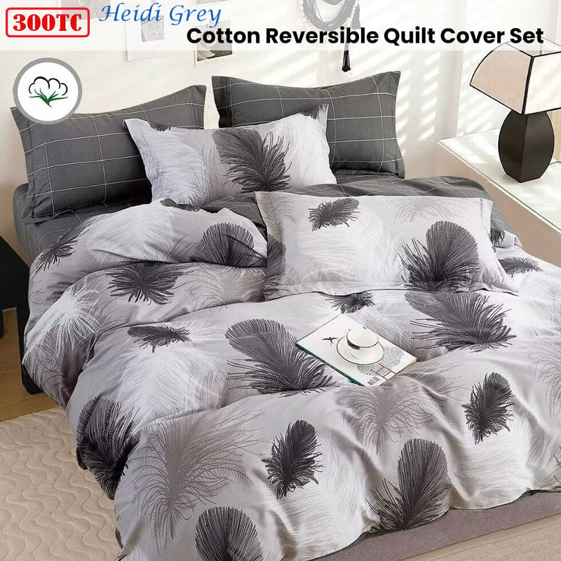 300TC Heidi Grey Reversible Cotton Quilt Cover Set King Payday Deals