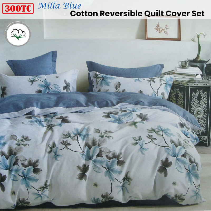 300TC Milla Blue Reversible Cotton Quilt Cover Set King Payday Deals