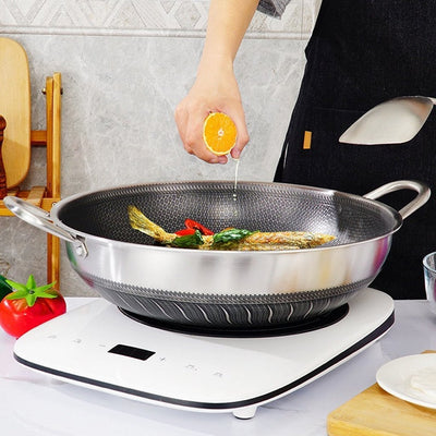 304 Stainless Steel 34cm Double Ear Non-Stick Stir Fry Cooking Kitchen Wok Pan Without Lid Honeycomb Double Sided Payday Deals